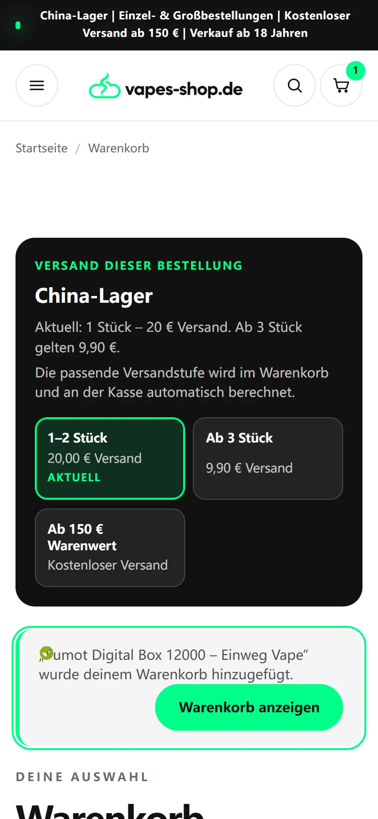 Mobiler Warenkorb mit einer Produktzeile und sichtbarer Zusammenfassung