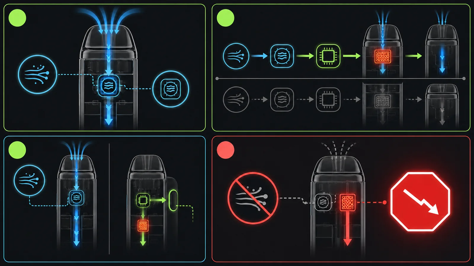 Luftstrom, Sensor, Steuerung und normale oder ungewollte Aktivierung bei Zugautomatik